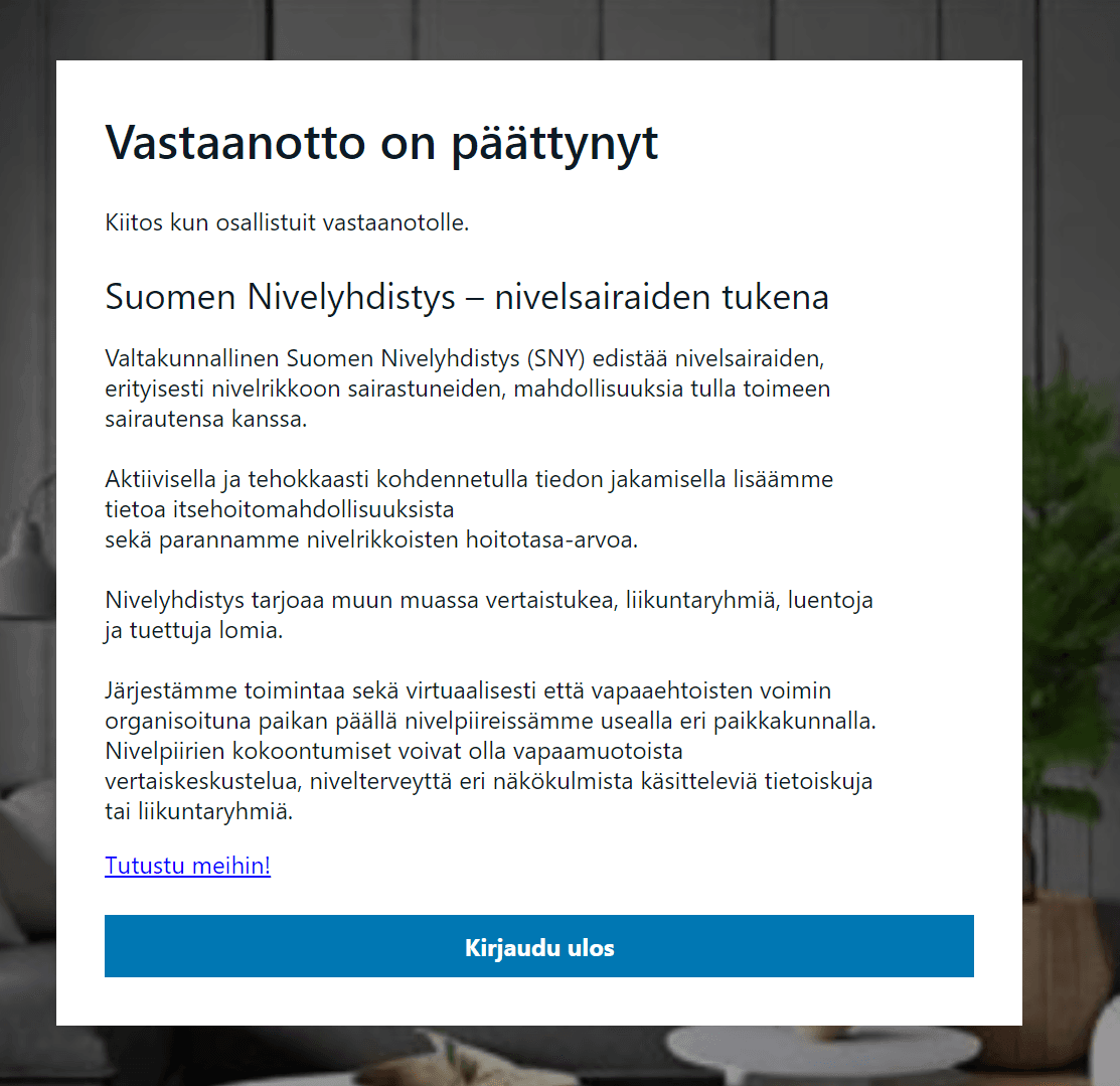 Finnish text about Suomen Nivelyhdistys, an organization supporting joint disease patients.